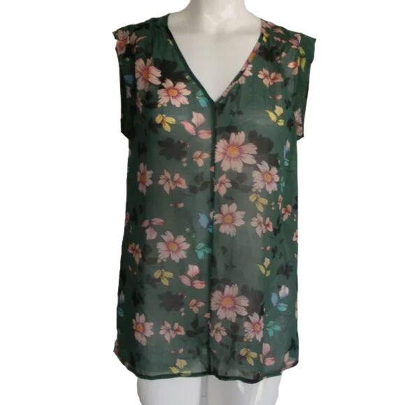 CABI Top, S, Green, Sleeveless, Sheer, Shadow Blue, Daisy Vine, 1 pc, Style 3619 - Picture 9 of 12